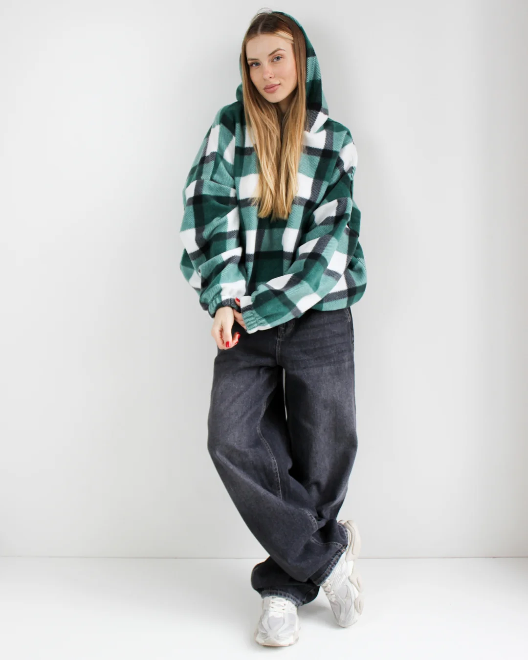 Худі оверсайз в клітинку з флісу смарагдово-білий ONE SIZE 10335