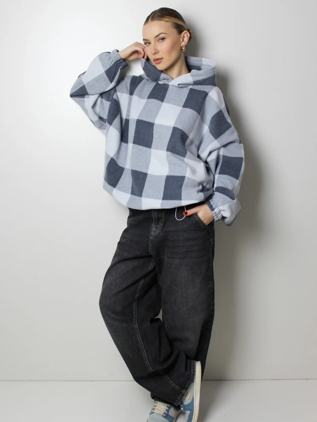 Худі оверсайз в клітинку з флісу графітово-білий ONE SIZE 10335